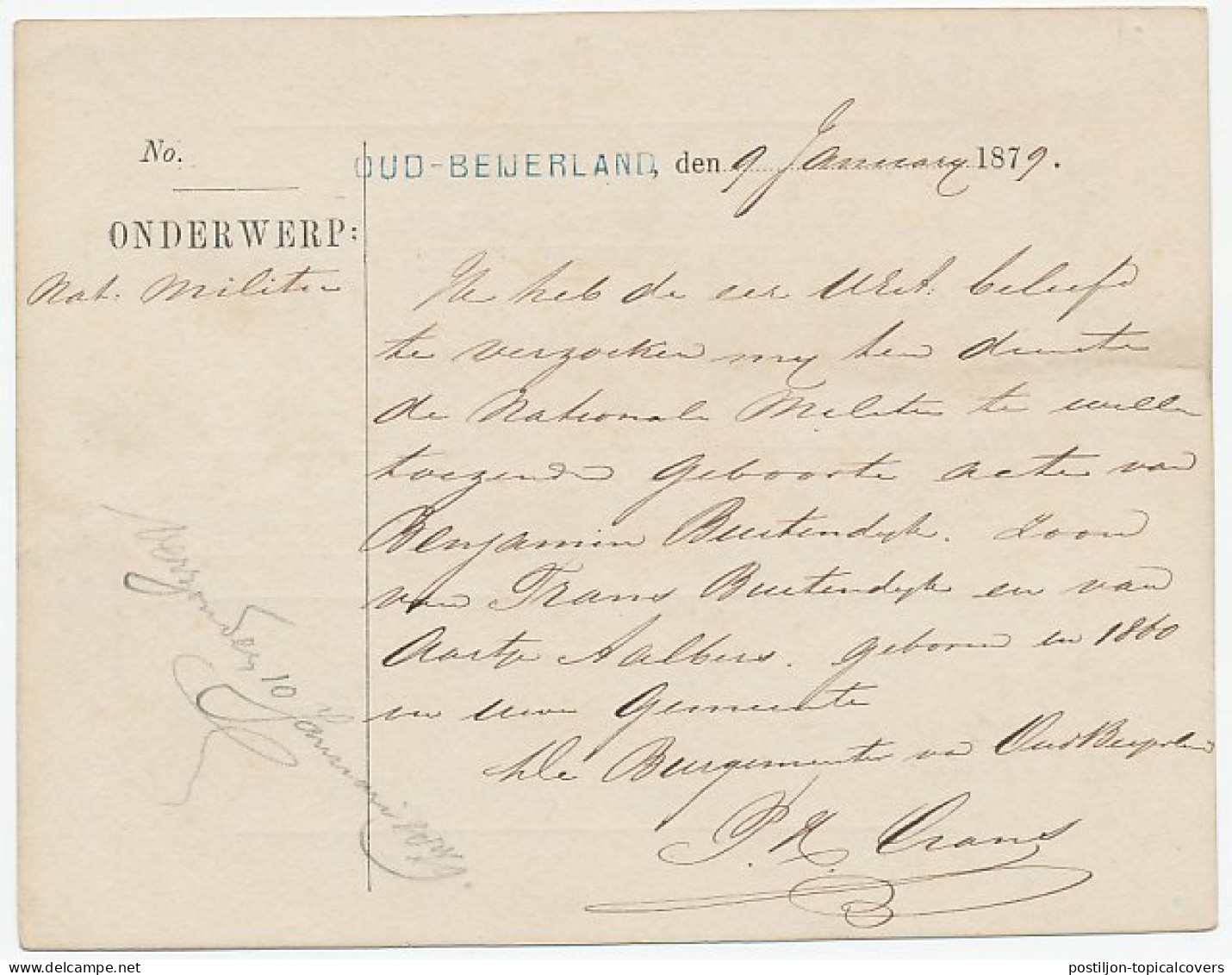 Naamstempel Oud - Beijerland 1879 - Brieven En Documenten
