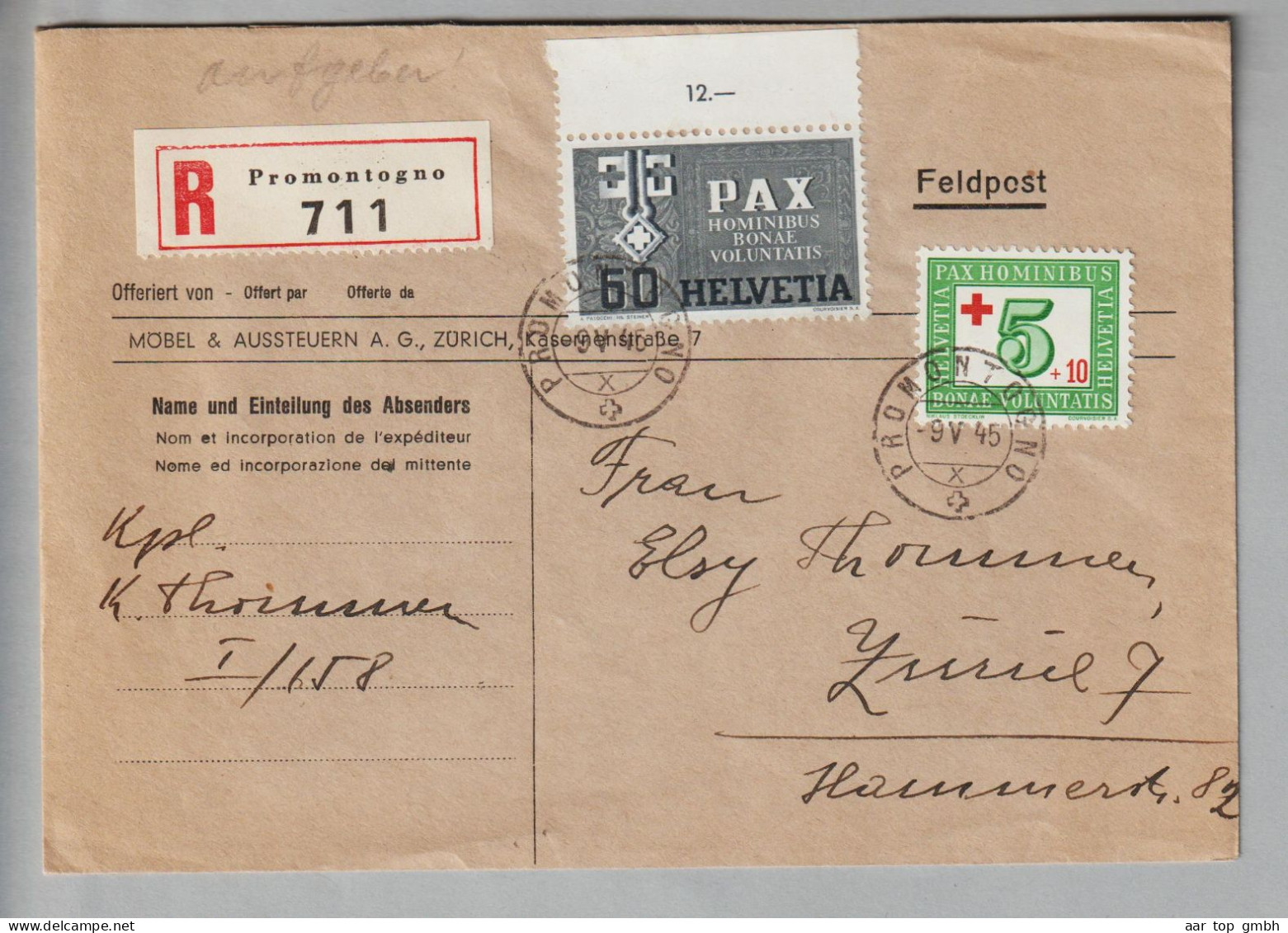 CH Heimat GR Promontogno 1945-05-09 R-Brief Nach Zürich Mit Pax-Frankatur - Covers & Documents