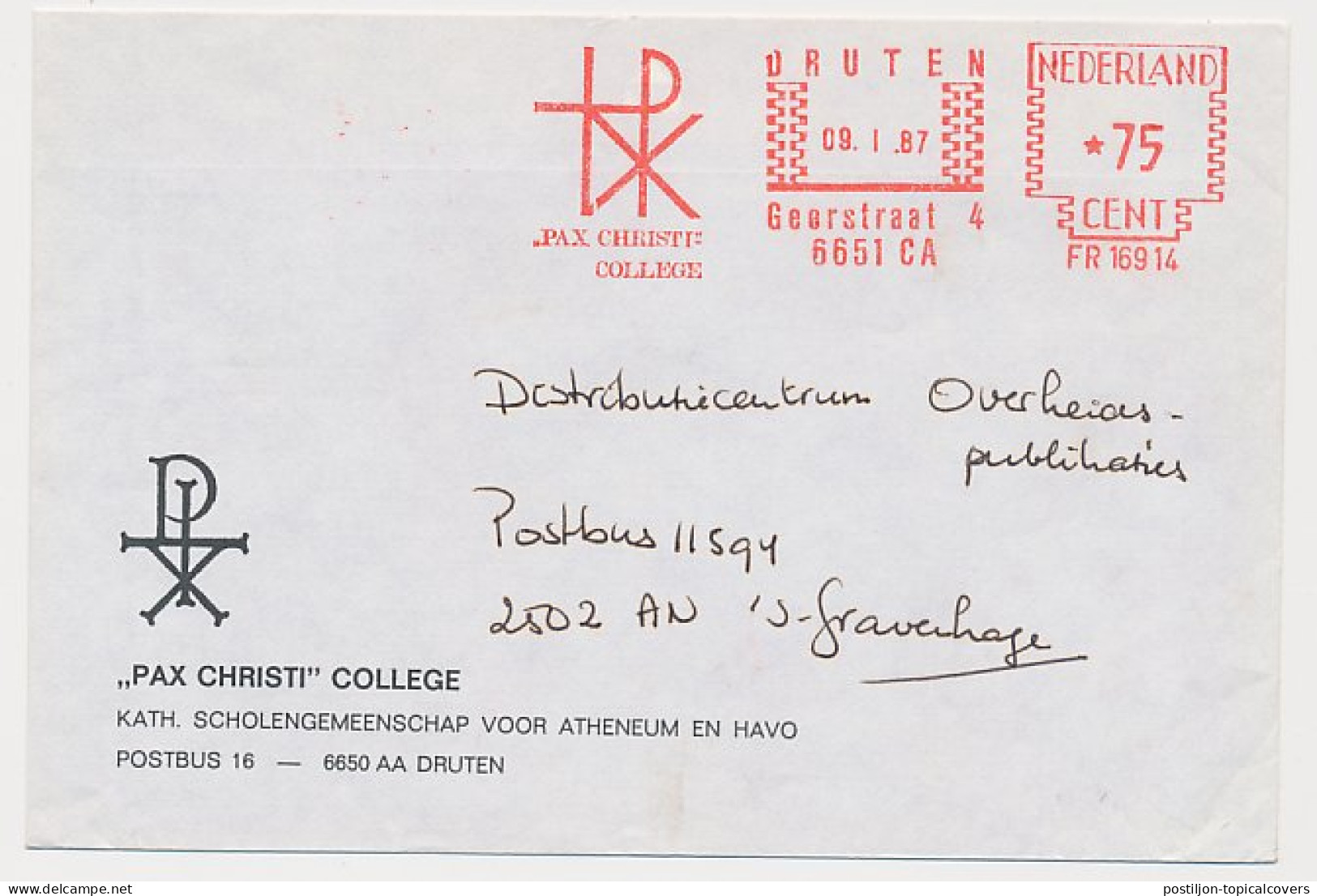 Meter Cover Netherlands 1987 Pax Christi - Druten - Sonstige & Ohne Zuordnung