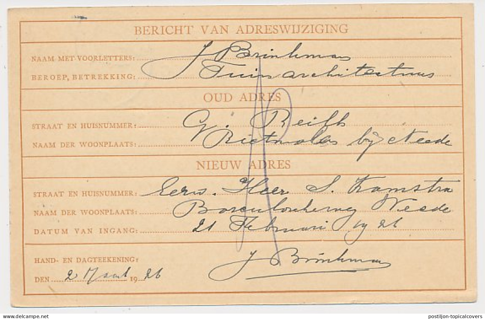 Verhuiskaart G. 3 Enschede - Amsterdam 1926 - Postwaardestukken