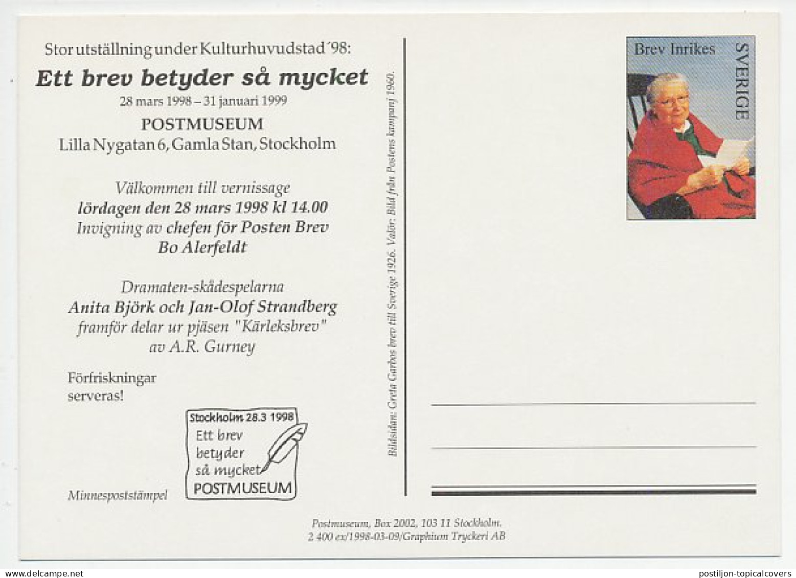 Postal Stationery Sweden 1998 Greta Garbo - Film Actress - Kino