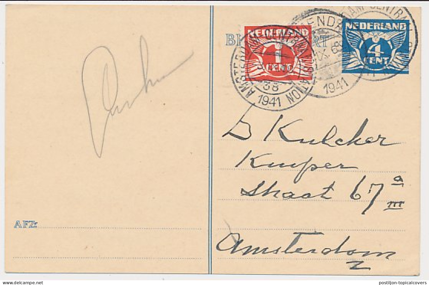 Briefkaart G. 252 / Bijfrankering Locaal Te Amsterdam 1941 - Ganzsachen