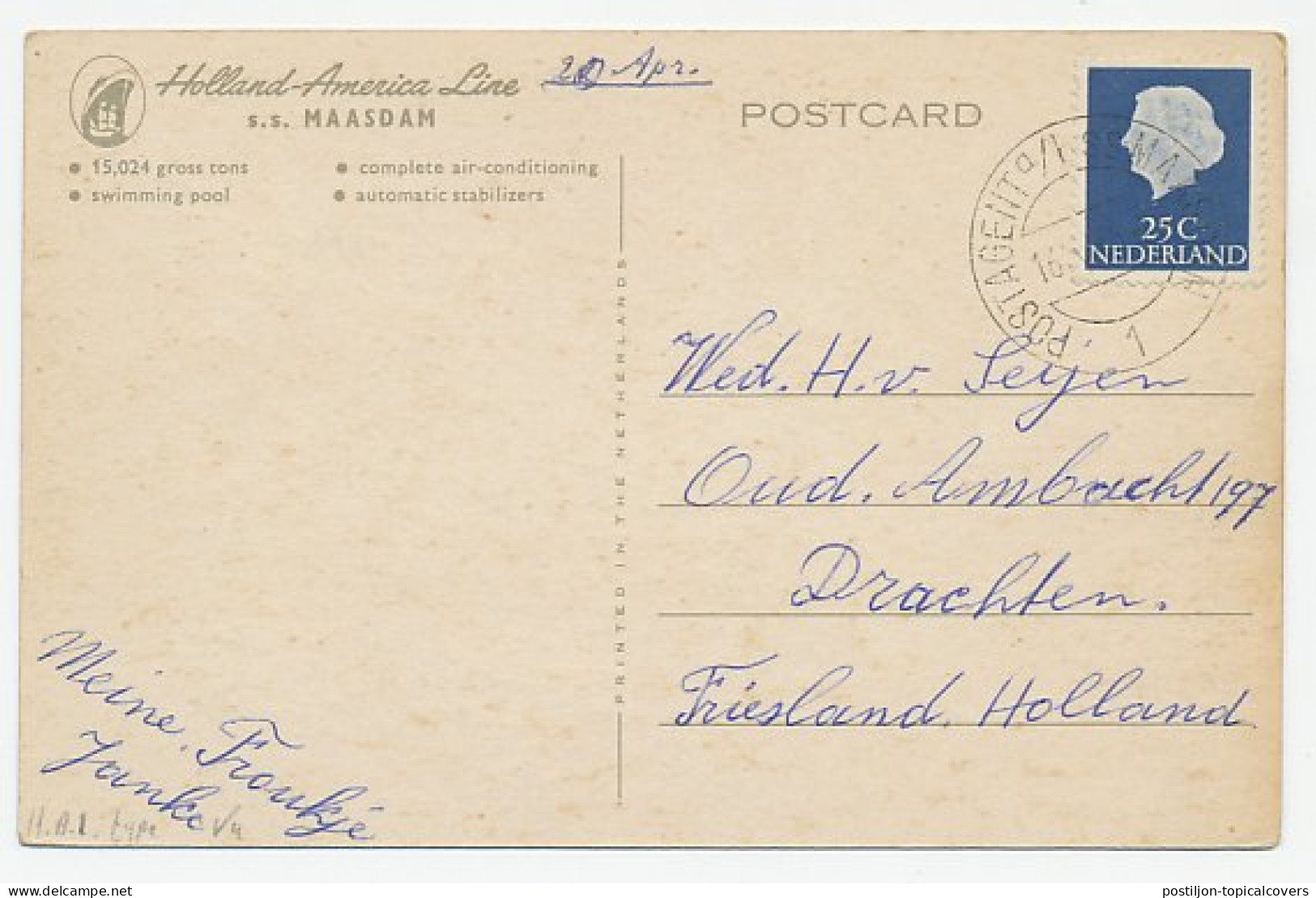 Postagent SS Maasdam 1966 : Naar Drachten - Unclassified