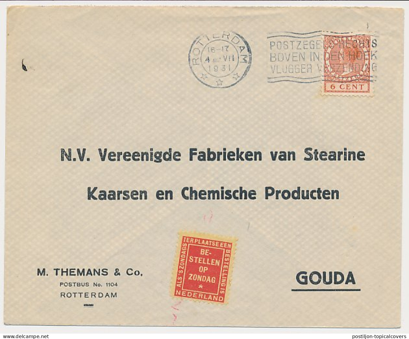 Bestellen Op Zondag - Rotterdam - Gouda 1931 Transorma Slinger - Briefe U. Dokumente