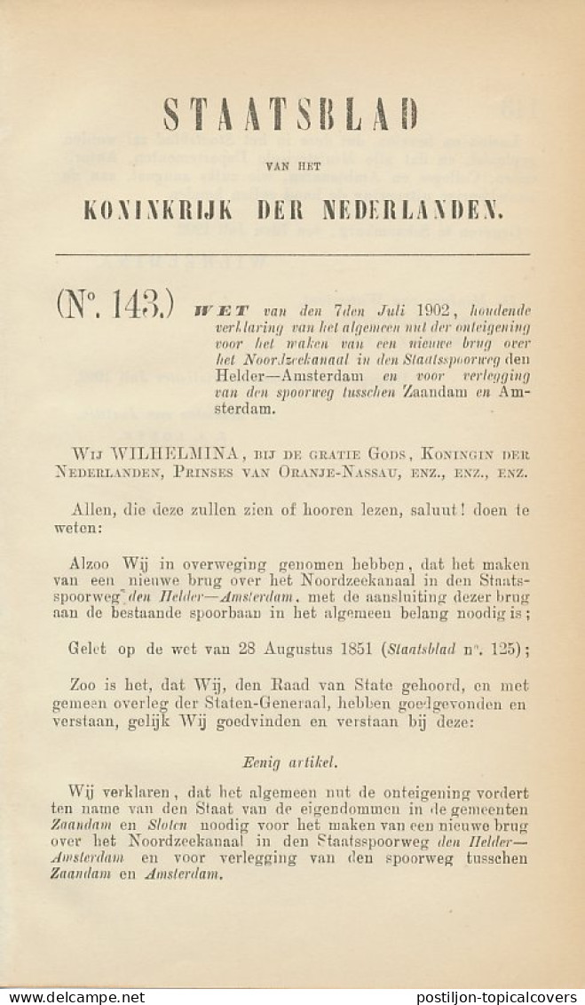 Staatsblad 19 : Spoorlijn Helder - Amsterdam - Zaandam - Documents Historiques