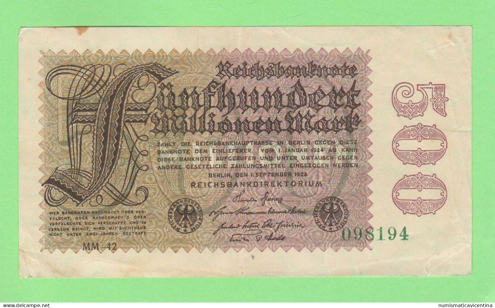 Weimar 500 Millionen Mark 1923 Fünfhundert Mark Allemagne Germania Deutschland Germany - 500 Miljoen Mark