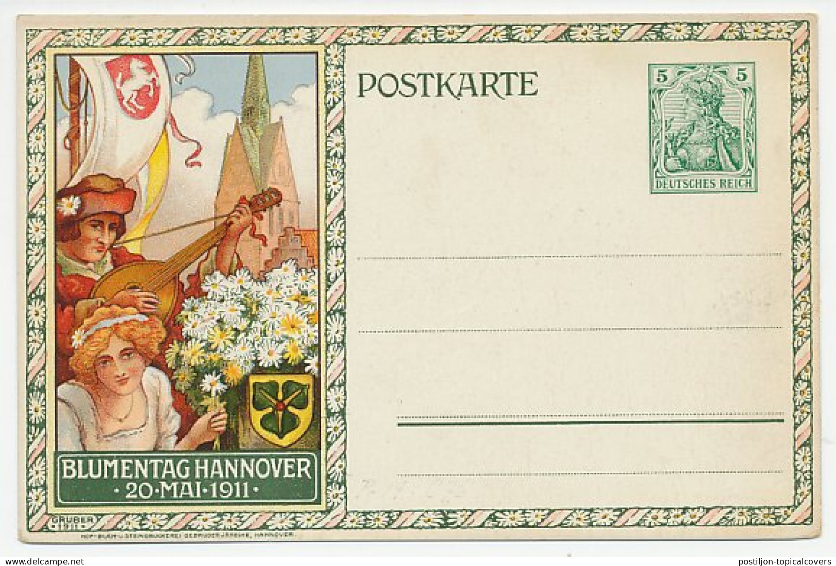 Postal Stationery Germany 1911 Guitar - Flower Day Hannover - Musique