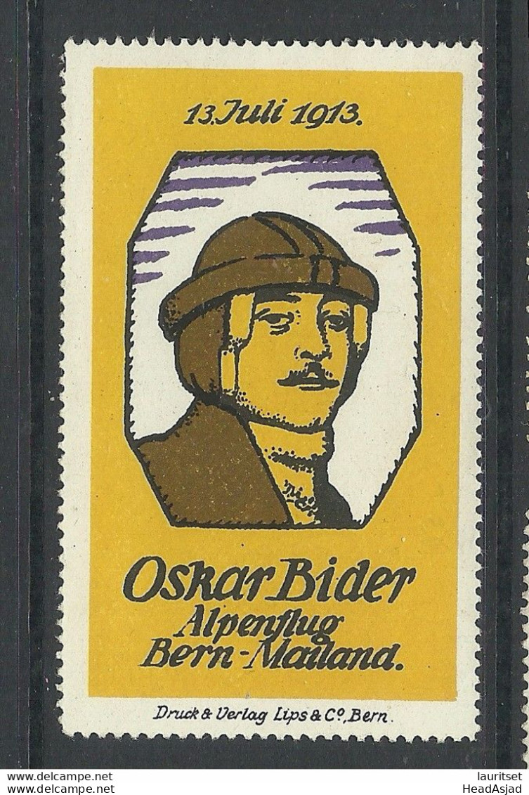 Schweiz Switzerland 1913 Oskar Bider Alpenflug Bern-Mailand Vignette Werbemarke Reklame (*) Ohne Gummi/mint No Gum - Autres (Air)