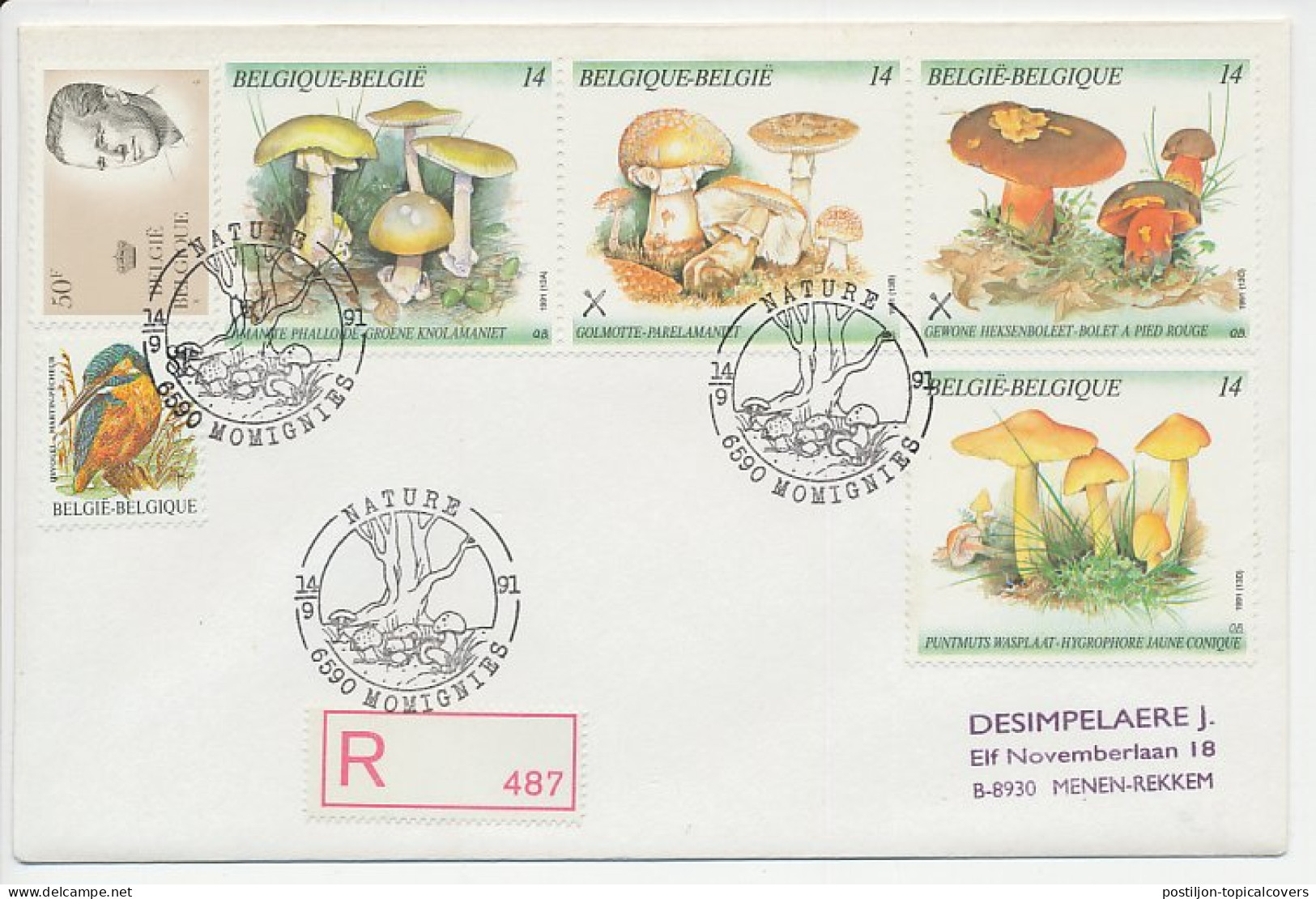 Registered Cover / Postmark Belgium 1991 Mushroom - Paddestoelen