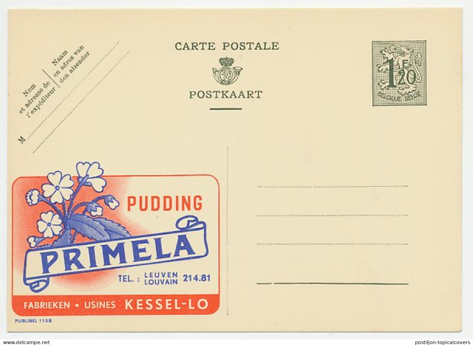 Publibel - Postal Stationery Belgium 1952 Flower - Primela - Pudding - Sonstige & Ohne Zuordnung