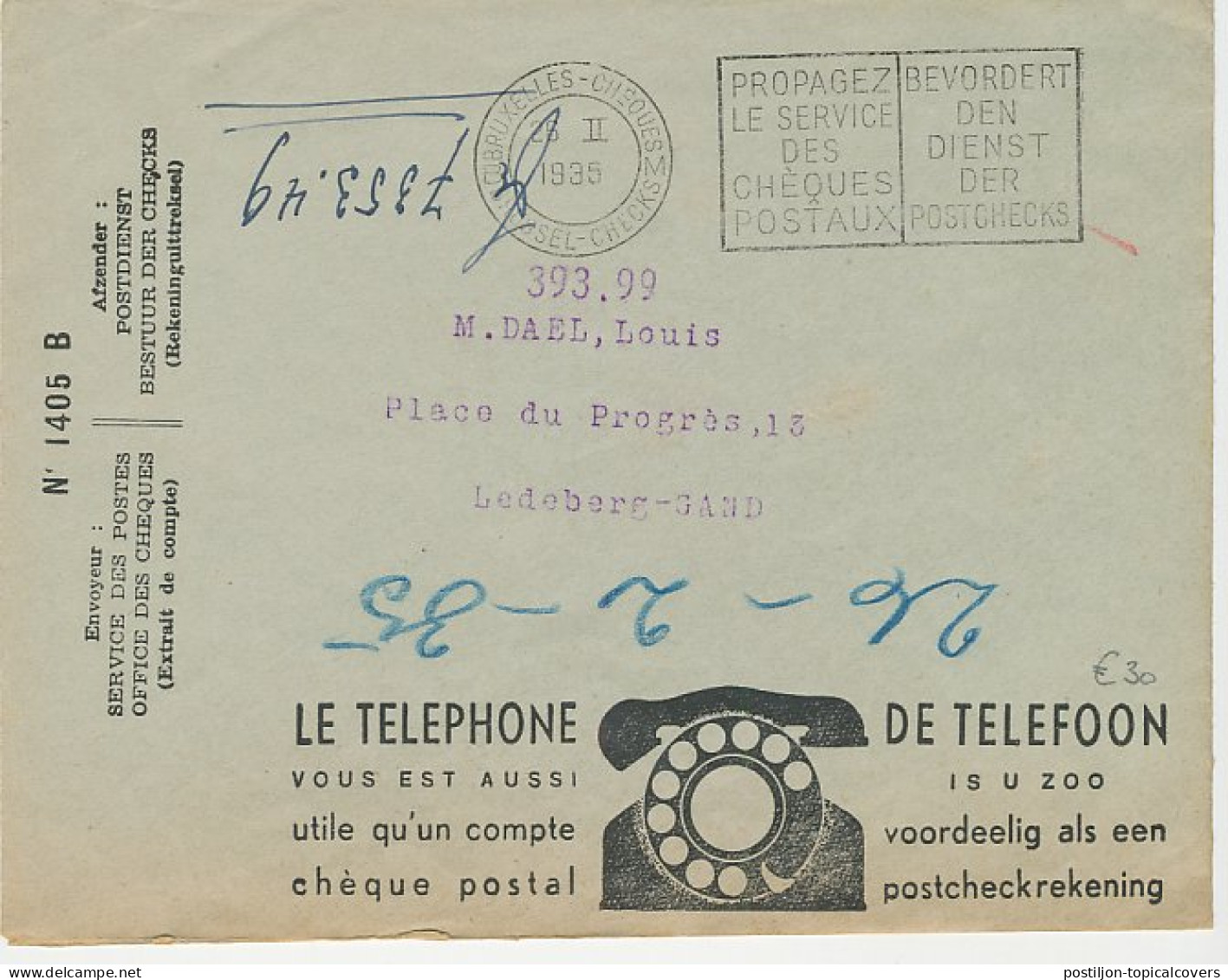 Postal Cheque Cover Belgium 1935 Rat Poison - Pesticide - Telephone - Sonstige & Ohne Zuordnung