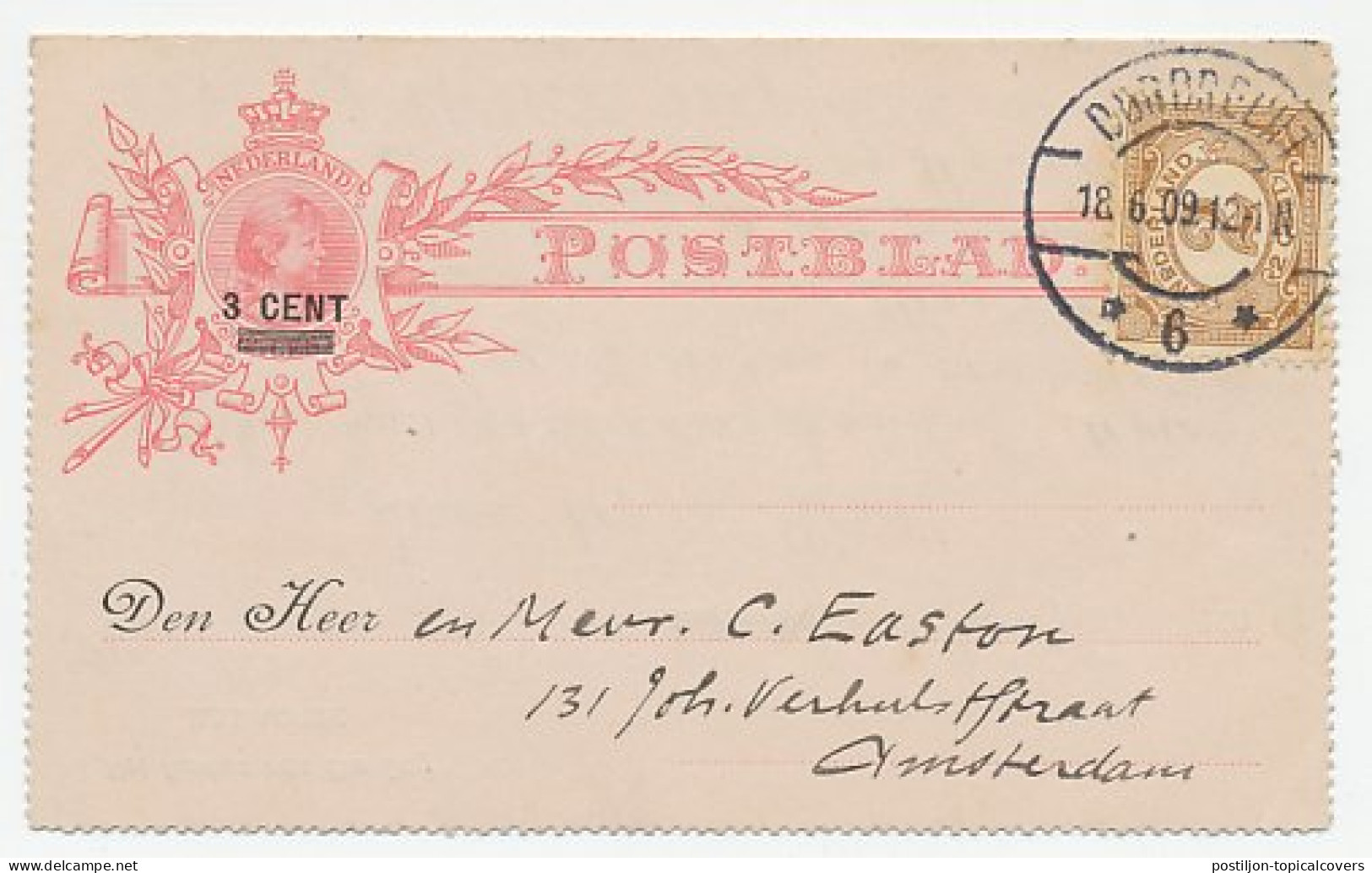 Postblad G. 9 / Bijfrankering Dordrecht - Amsterdam 1909 - Ganzsachen