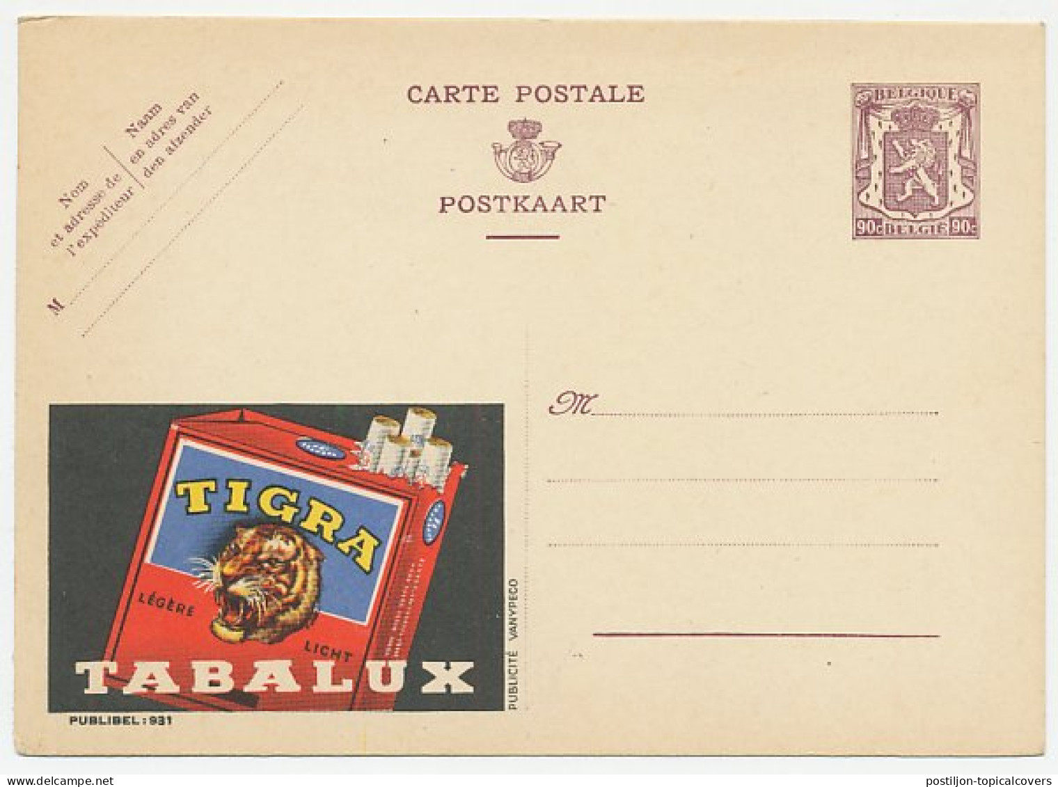 Publibel - Postal Stationery Belgium 1948 Cigarette - Tabalux - Tigra - Tiger - Tabak