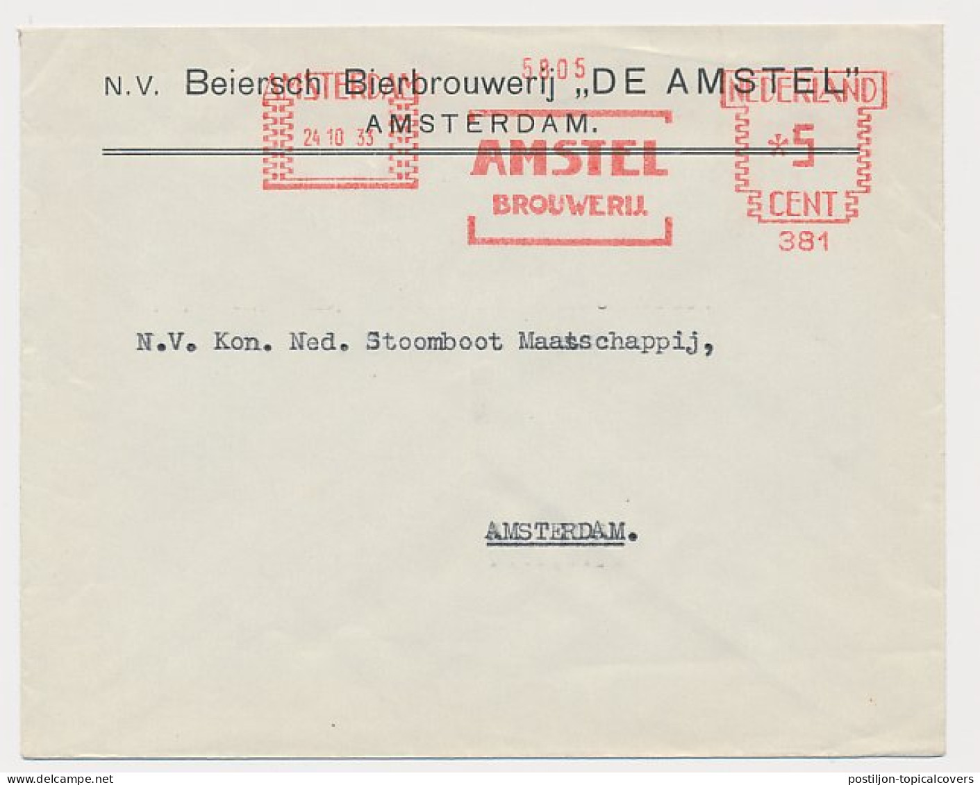 Meter Cover Netherlands 1933 Beer Brewery - De Amstel - Wijn & Sterke Drank