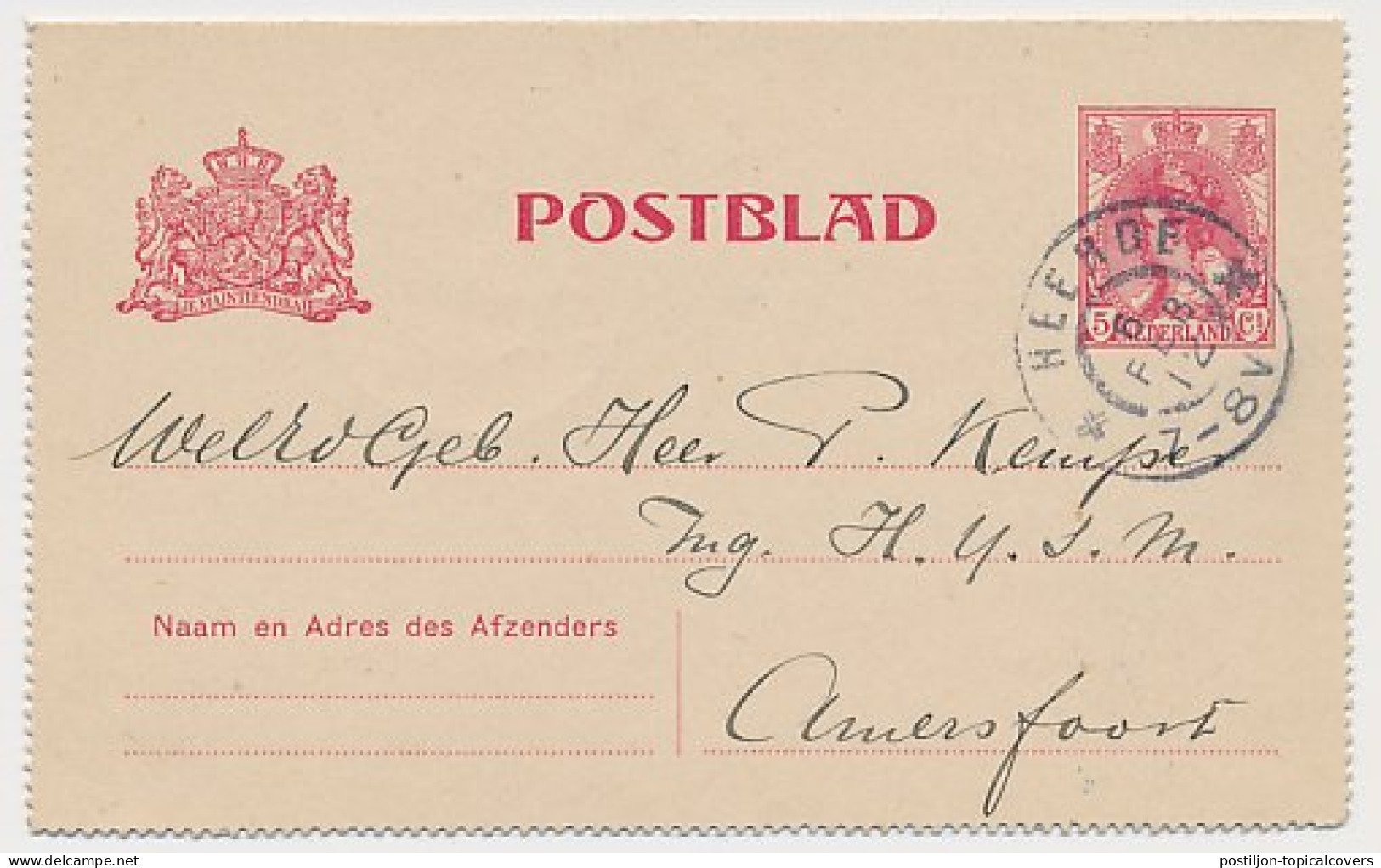 Postblad G. 14 Heerde - Amersfoort 1912 - Postal Stationery