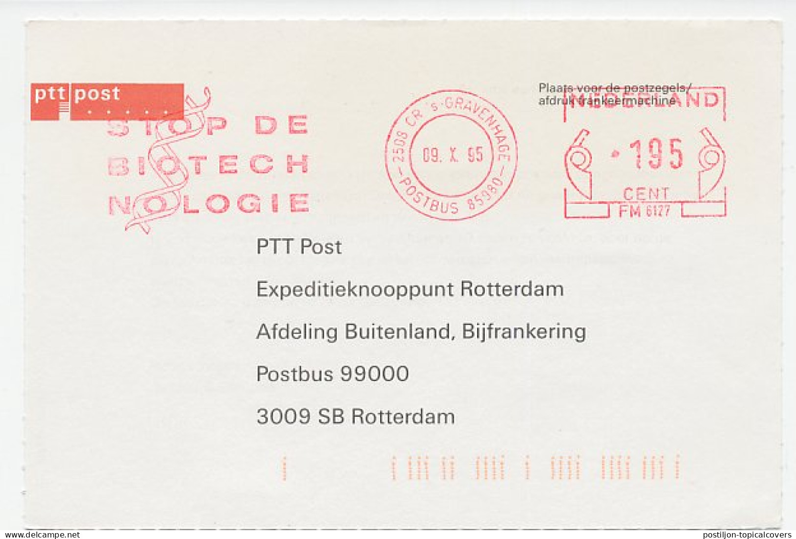 Meter Card Netherlands 1995 Stop Biotechnology - Autres & Non Classés