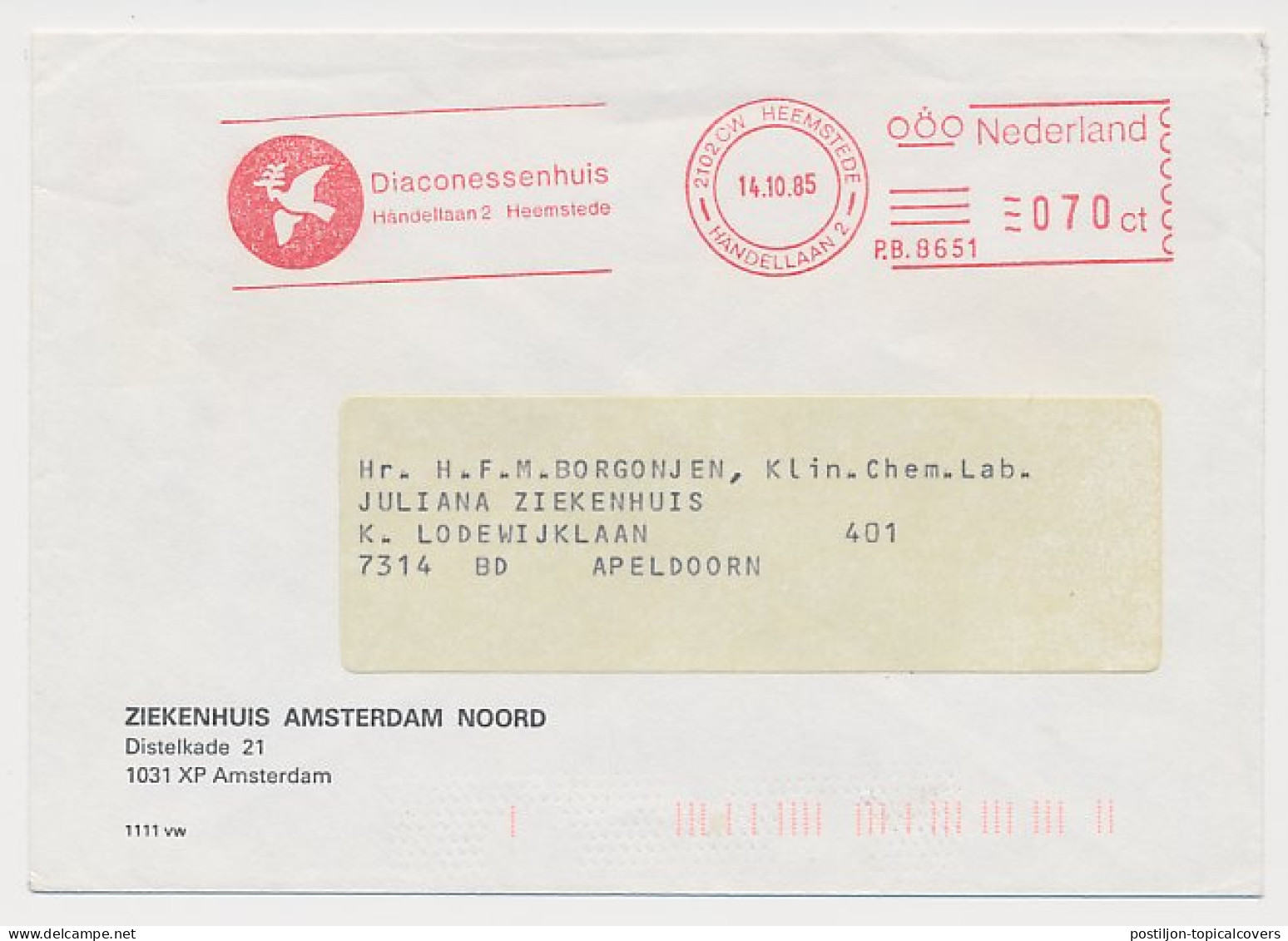 Meter Cover Netherlands 1985 Bird - Peace Dove - Deacons House - Sonstige & Ohne Zuordnung