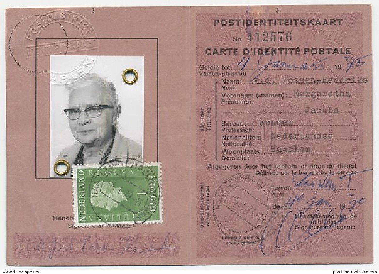 Em. Juliana Postidentiteitskaart Haarlem 1971 - Unclassified