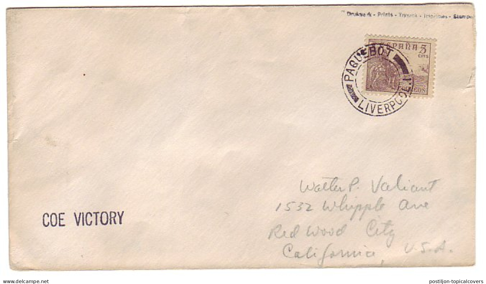 Cover / Postmark Spain - UK / GB Paquebot Liverpool - Coe Victory - Ships