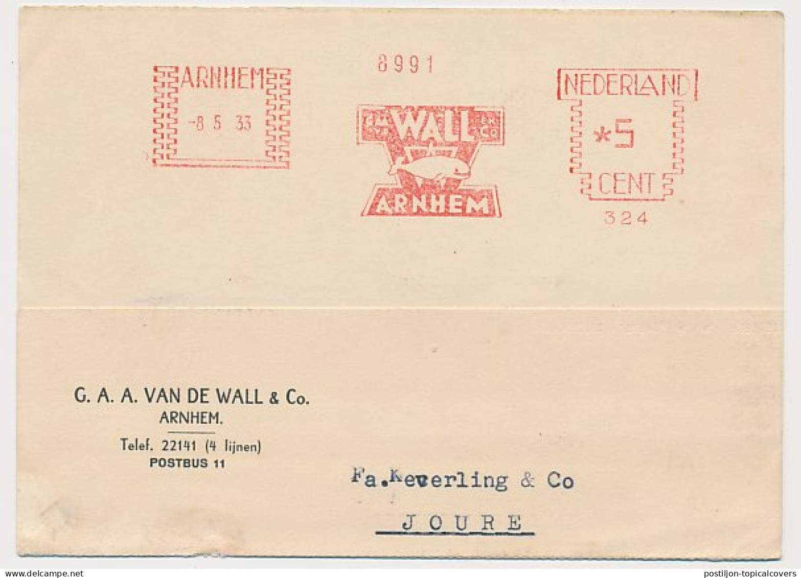 Meter Card Netherlands 1933 Whale - Arnhem - Other & Unclassified