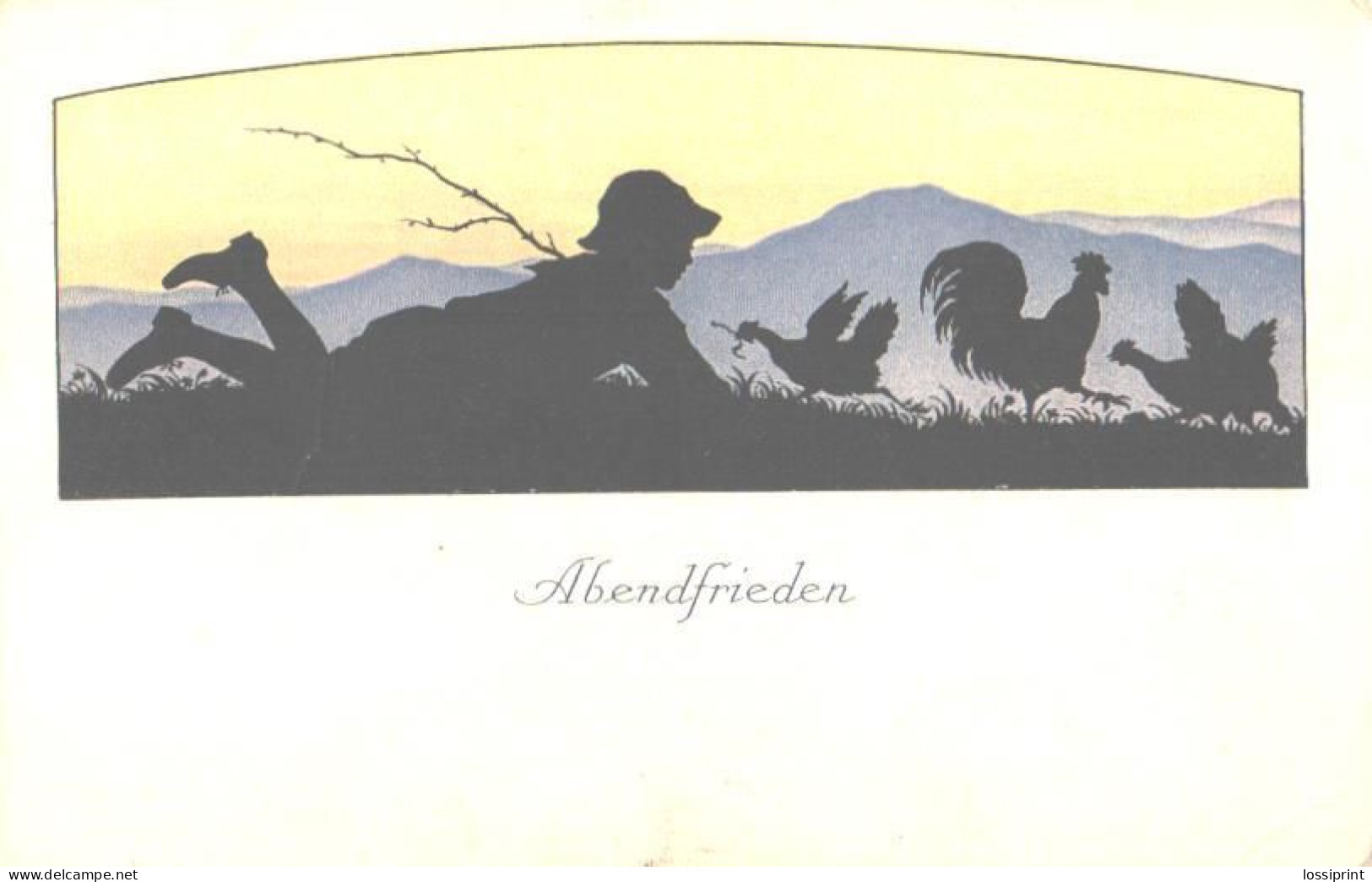 Abendfrieden, Boy With Rooster And Chickens, Pre 1940 - Scherenschnitt - Silhouette