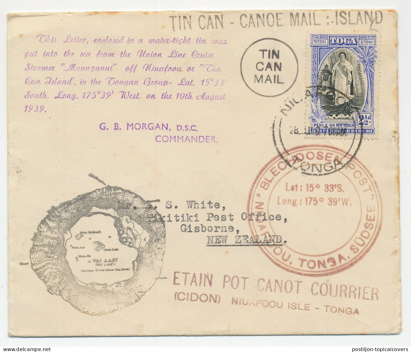 Cover / Postmark Tonga Niuafoou Island 1939 Tin Can Canoe Mail - Sonstige & Ohne Zuordnung