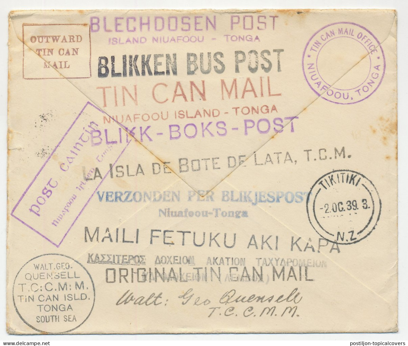 Cover / Postmark Tonga Niuafoou Island 1939 Tin Can Canoe Mail - Autres & Non Classés