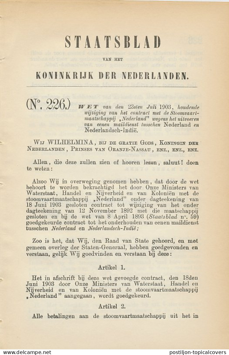 Staatsblad 1903 : Maildienst Nederland - Ned. Indie - Documents Historiques