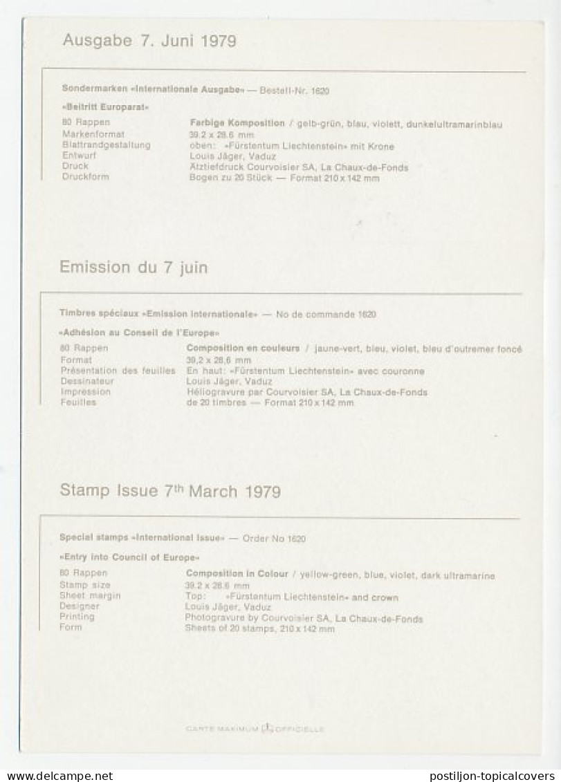 Maximum Card Liechtenstein 1979 Council Of Europe - European Community