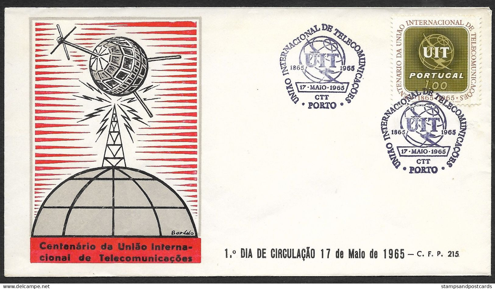 Portugal FDC Centenaire Union Internationale Des Télécommunications 1965 Cachet Porto UIT Telecom FDC Oporto Pmk - Telecom