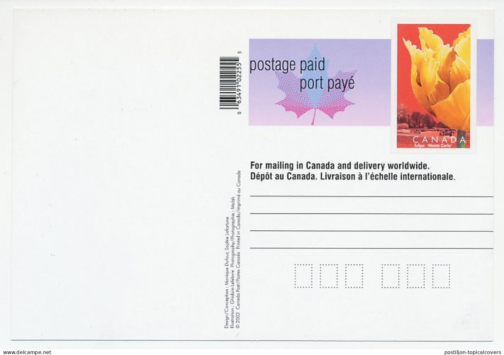 Postal Stationery Canada 2002 Flower - Tulip - Monte Carlo - Other & Unclassified