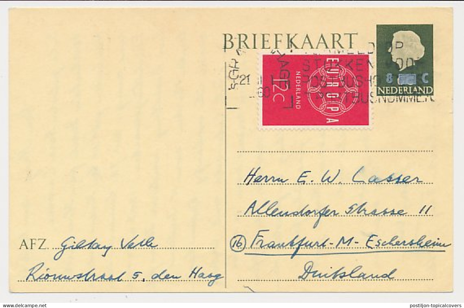 Briefkaart G. 324 / Bijfrankering Den Haag - Duitsland 1960 - Postal Stationery