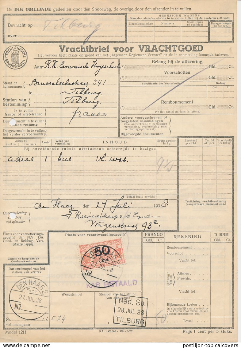 Vrachtbrief NS Den Haag - Tilburg 1938 - Unclassified