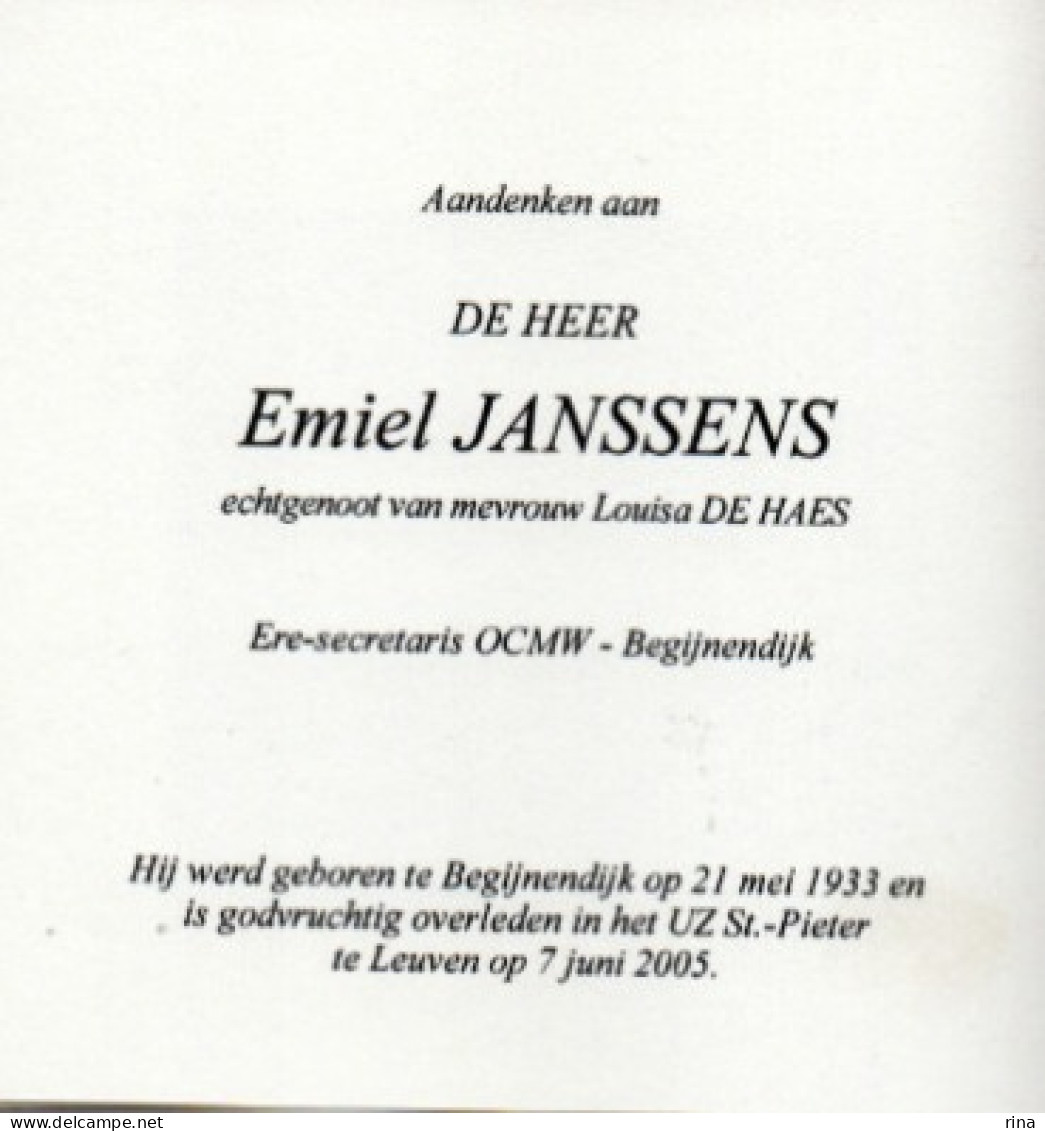 Emiel Janssens   Geb Te Begijnendijk Op  21 Mei 1933 Overl Te Leuven Op 7 Juni 2005 - Other & Unclassified