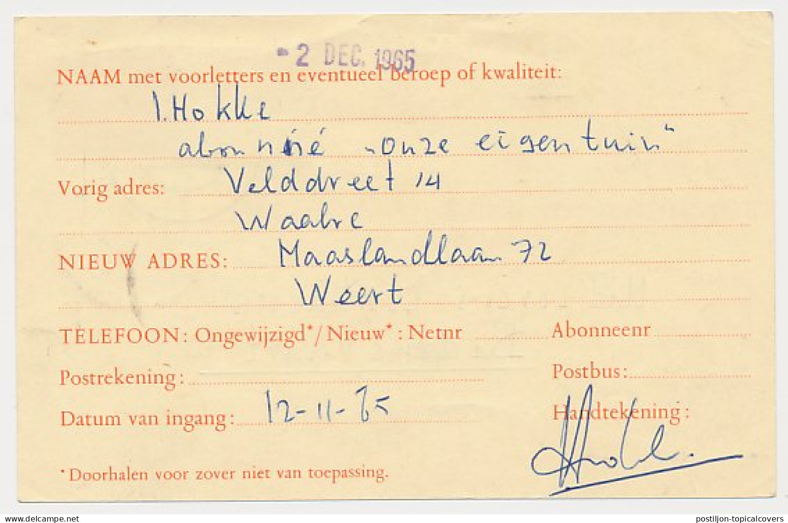 Verhuiskaart G. 30 Weert - Dedemsvaart 1965  - Postal Stationery