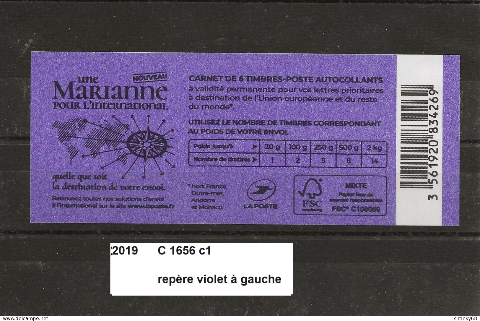 Variété Carnet De 2019 Neuf** Y&T N° C 1656 C1 Repère Violet à Gauche - Carnets