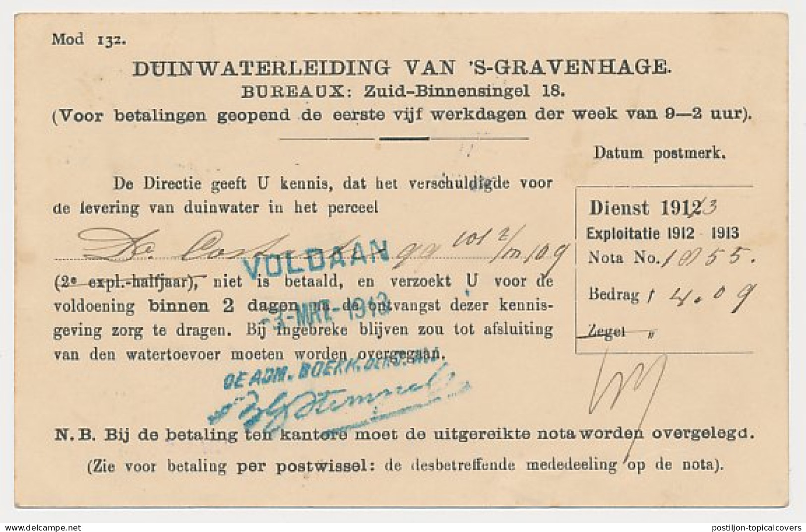 Briefkaart G. DW78-II-i - Duinwaterleiding S-Gravenhage 1913 - Entiers Postaux