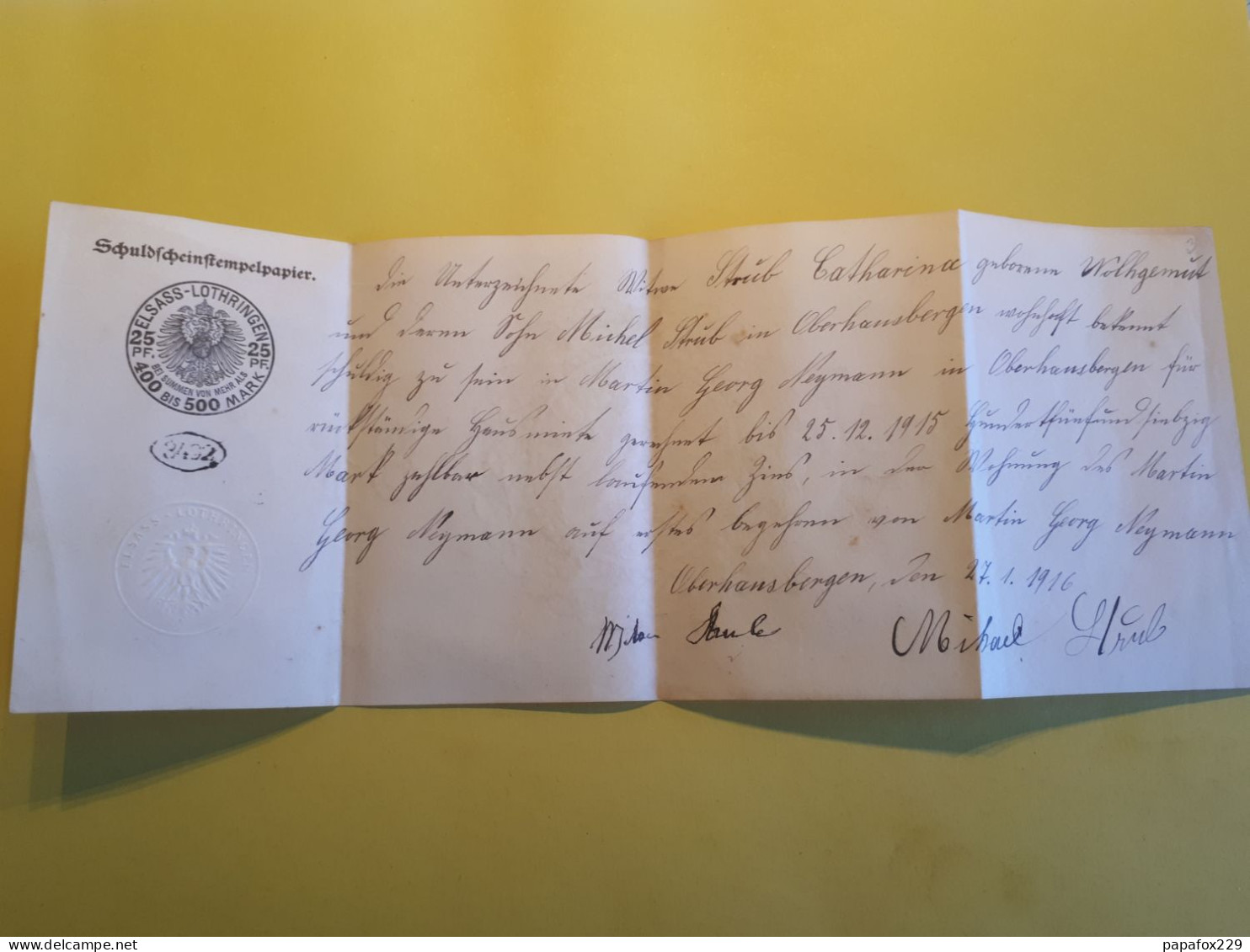 PAPIER TIMBRE 1916 OBERHAUSBERGEN ELSS LOTHRINGEN 400 BIS 500 MARK - Zonder Classificatie