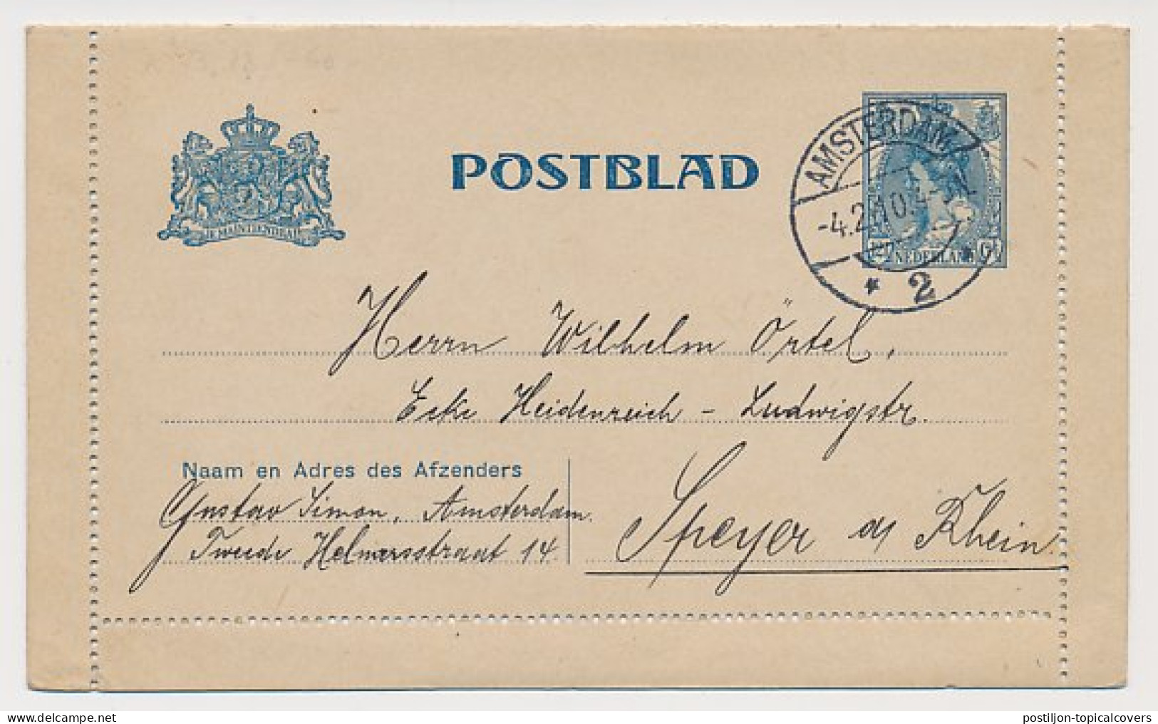 Postblad G. 15 Amsterdam - Duitsland 1910 - Postal Stationery