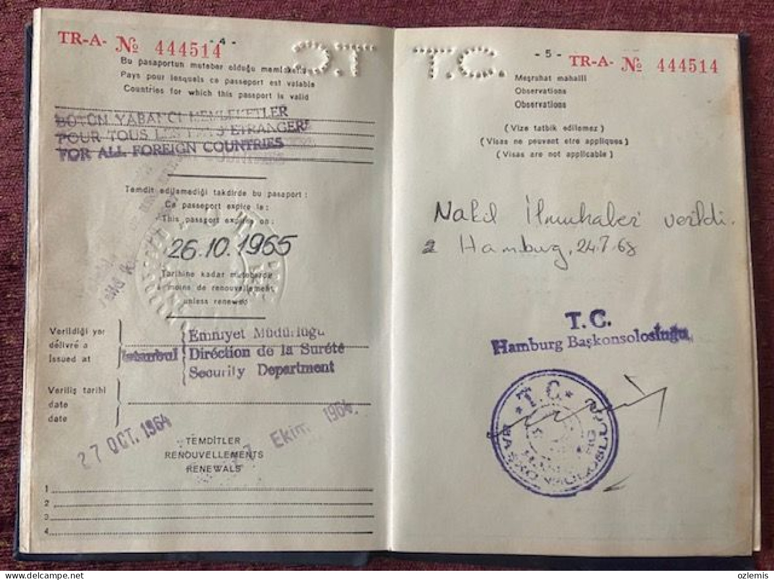 PASSPORT  PASSEPORT, 1964  ,USED,DEUTSCHLAND,YOUGOSLAVIA ,,VİSA AND FISCAL - Collections