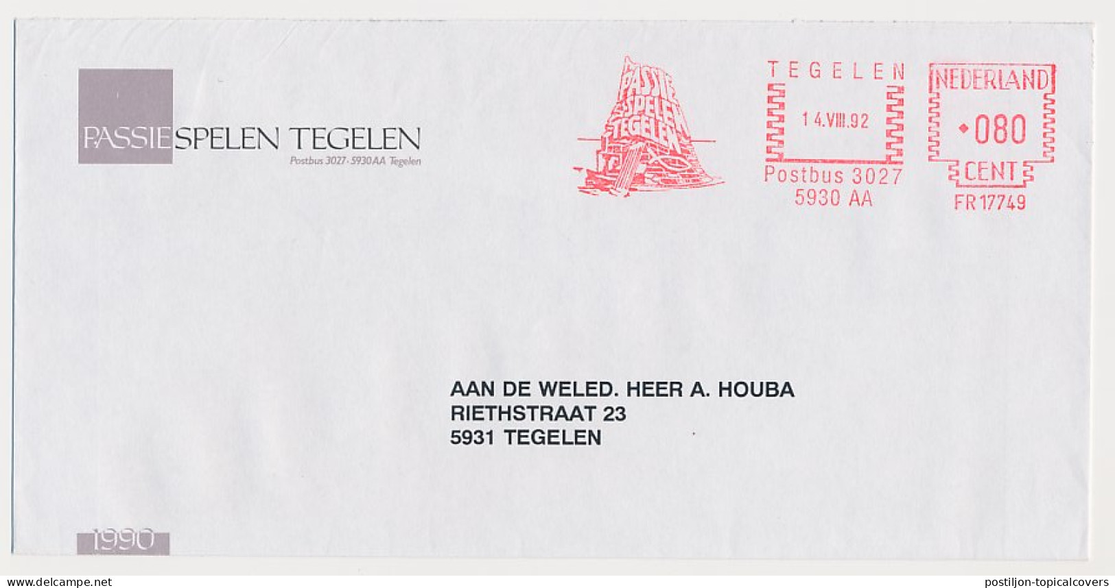 Meter Cover Netherlands 1992 Passion Play - Ichthus - Tegelen - Autres & Non Classés