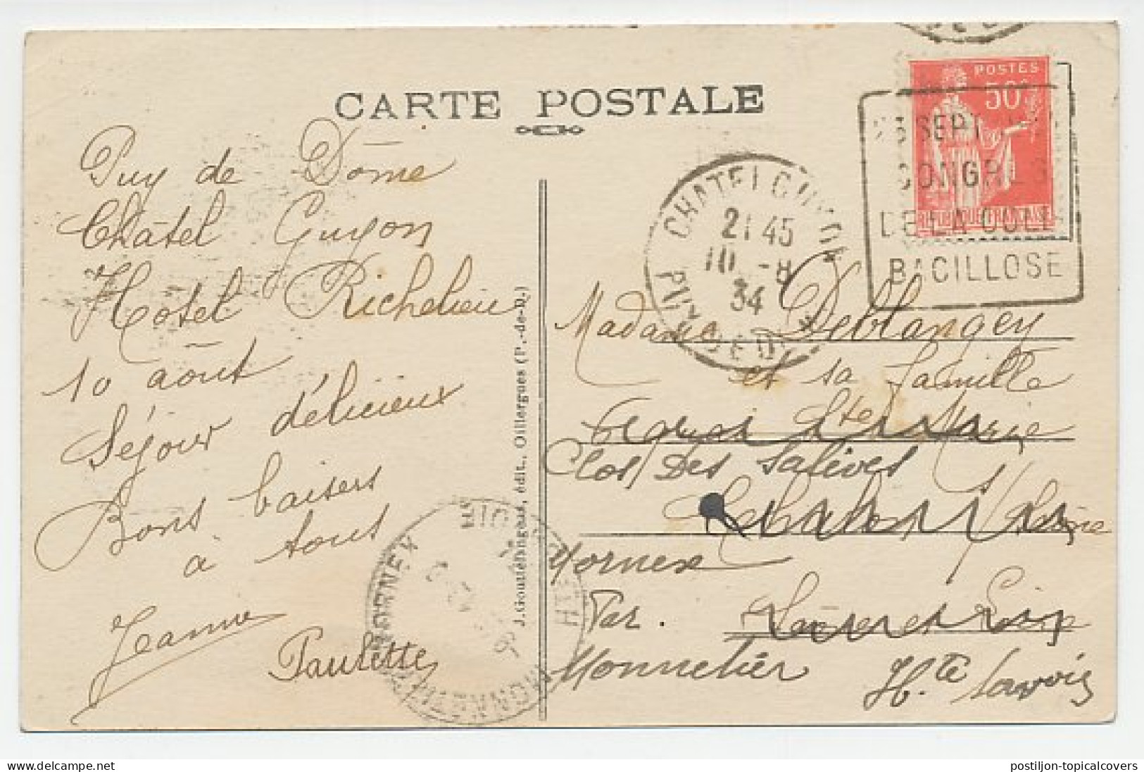 Postcard / Postmark France 1934 Congress Of Colibacillosis - Autres & Non Classés