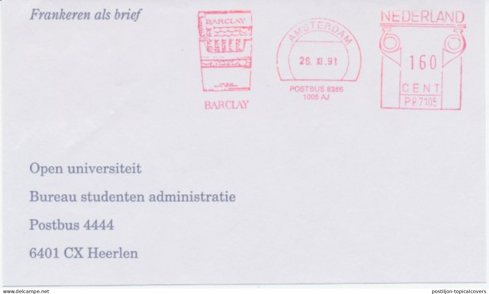 Meter Cover Front Netherlands 1991 Cigarette - Barclay - Tobacco