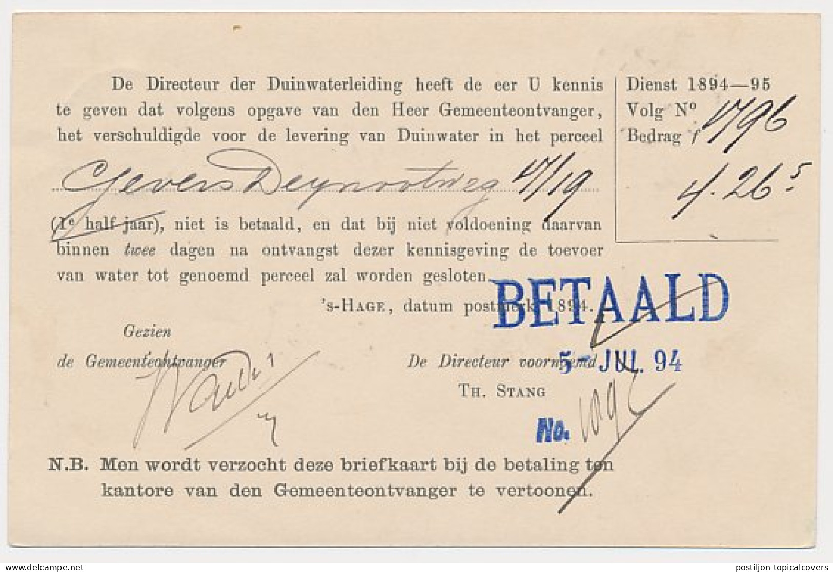 Briefkaart G. DW23-l - Duinwaterleiding S-Gravenhage 1894 - Postal Stationery