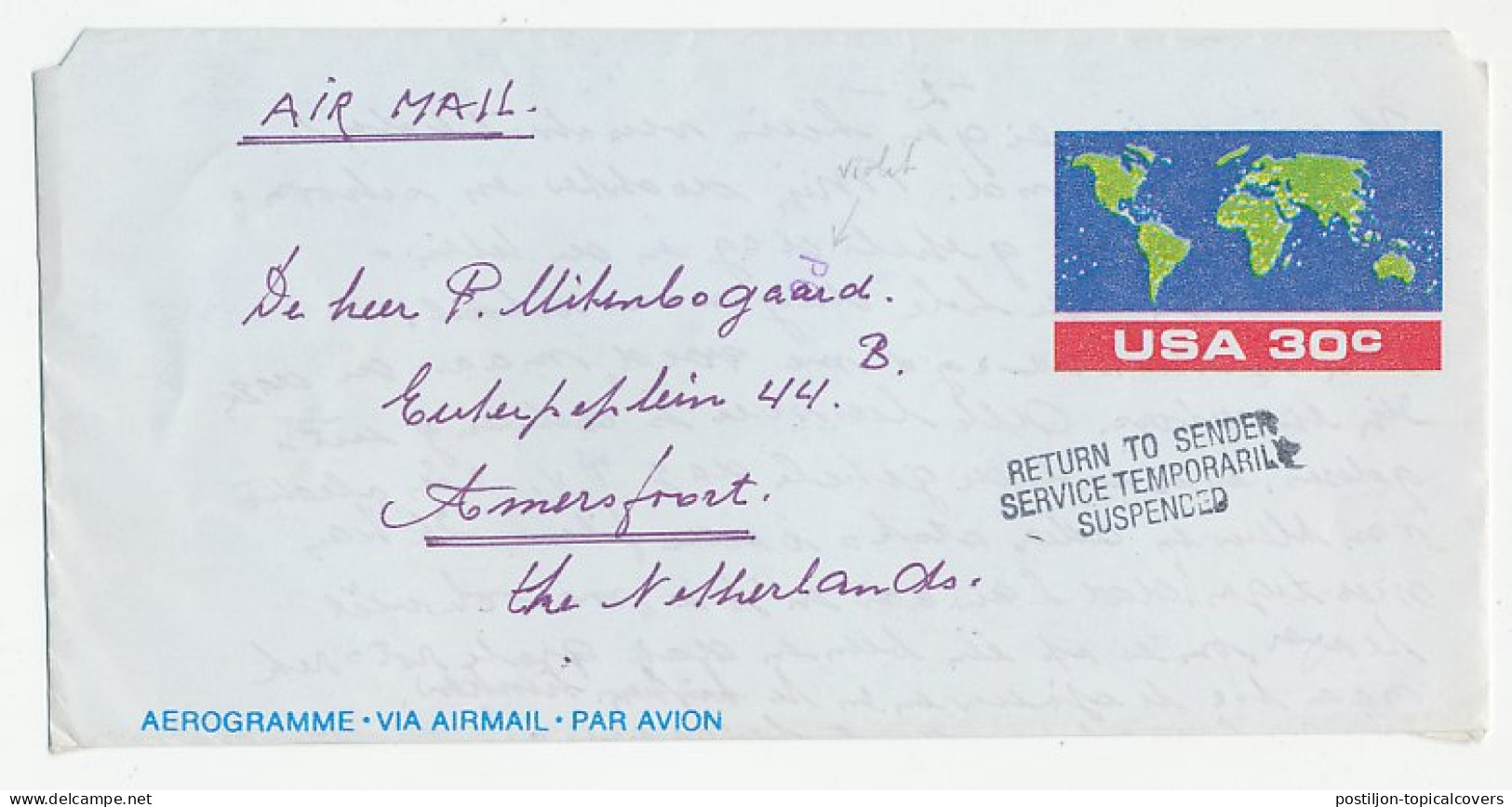 Postal Stationery USA - Netherlands 1983 Postal Strike - Service Temporarily Suspended - Return To Sender - Sonstige & Ohne Zuordnung
