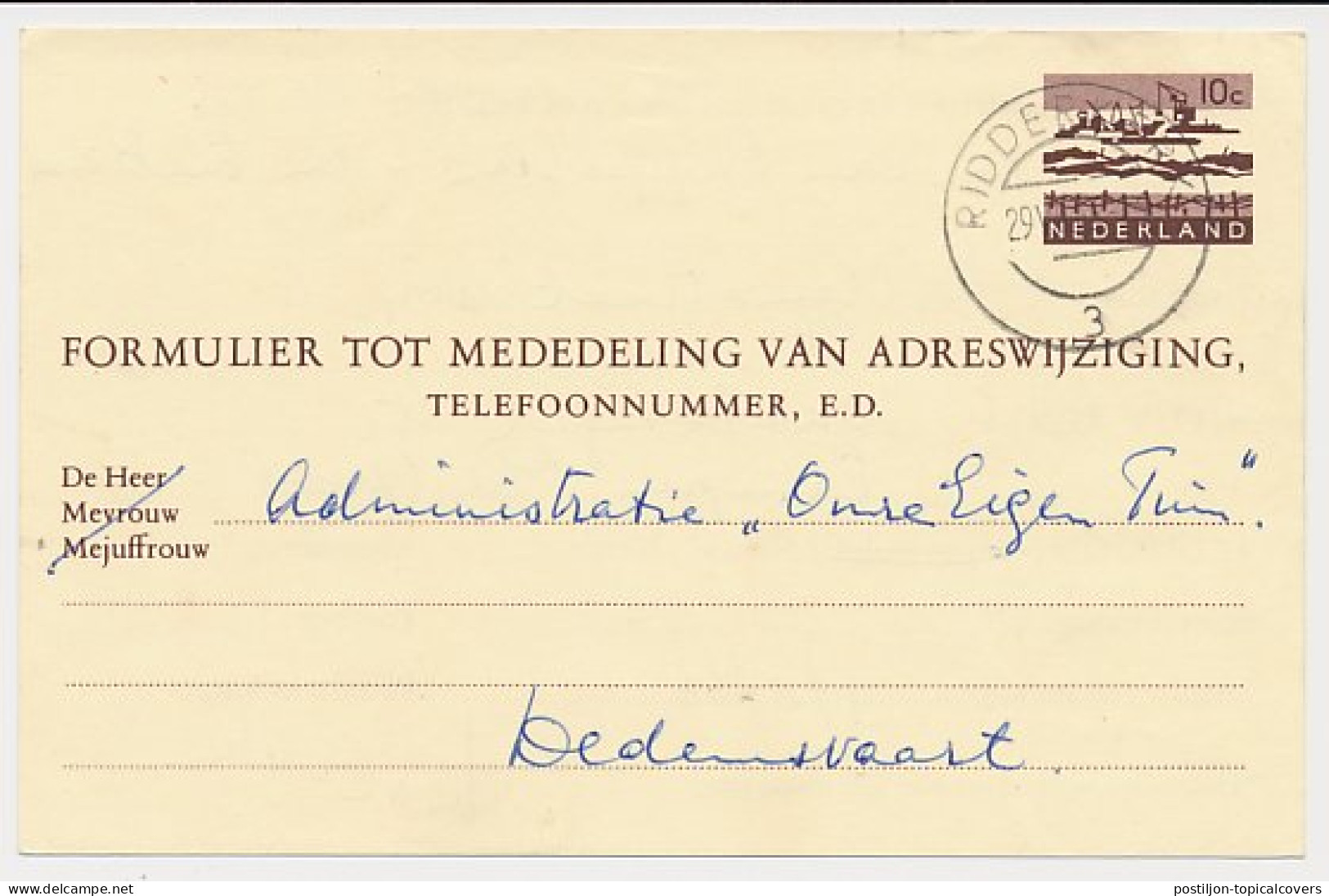 Verhuiskaart G. 33 Ridderkerk - Dedemsvaart 1966 - Postal Stationery