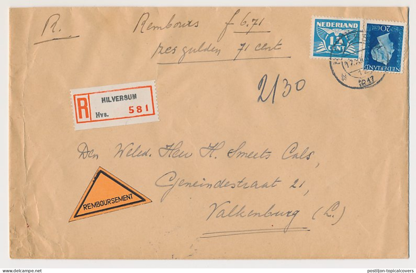 Em. Hartz Aangetekend / Remboursement Hilversum Valkenburg 1947 - Ohne Zuordnung