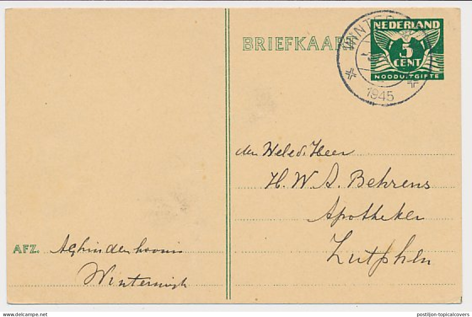 Briefkaart G. 277 F Winterswijk - Zutphen 1945 - Postal Stationery