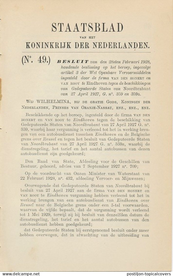 Staatsblad 1928 : Autobusdienst Eindhoven - Reusel - Historical Documents