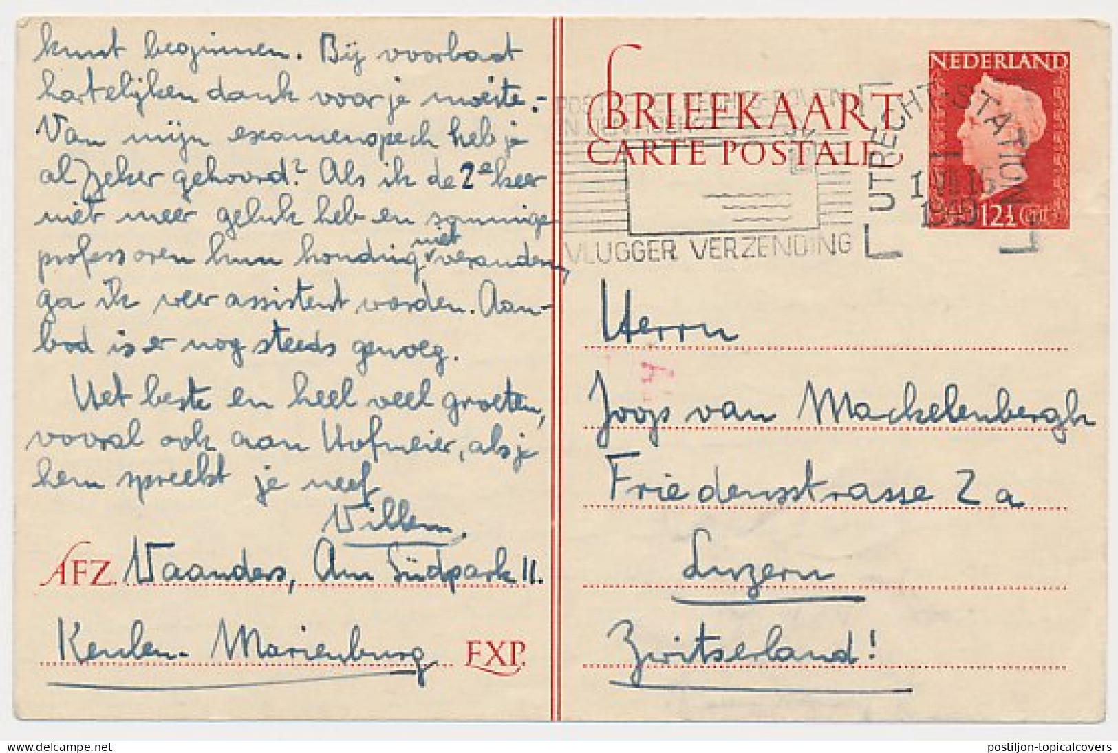 Briefkaart G. 295 B Utrecht - Zwitserland 1949 - Postal Stationery